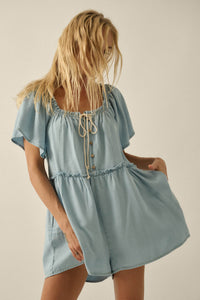 Skies Above Denim Tie-Neck Flutter-Sleeve Romper - ShopPromesa