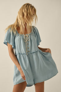 Skies Above Denim Tie-Neck Flutter-Sleeve Romper - ShopPromesa
