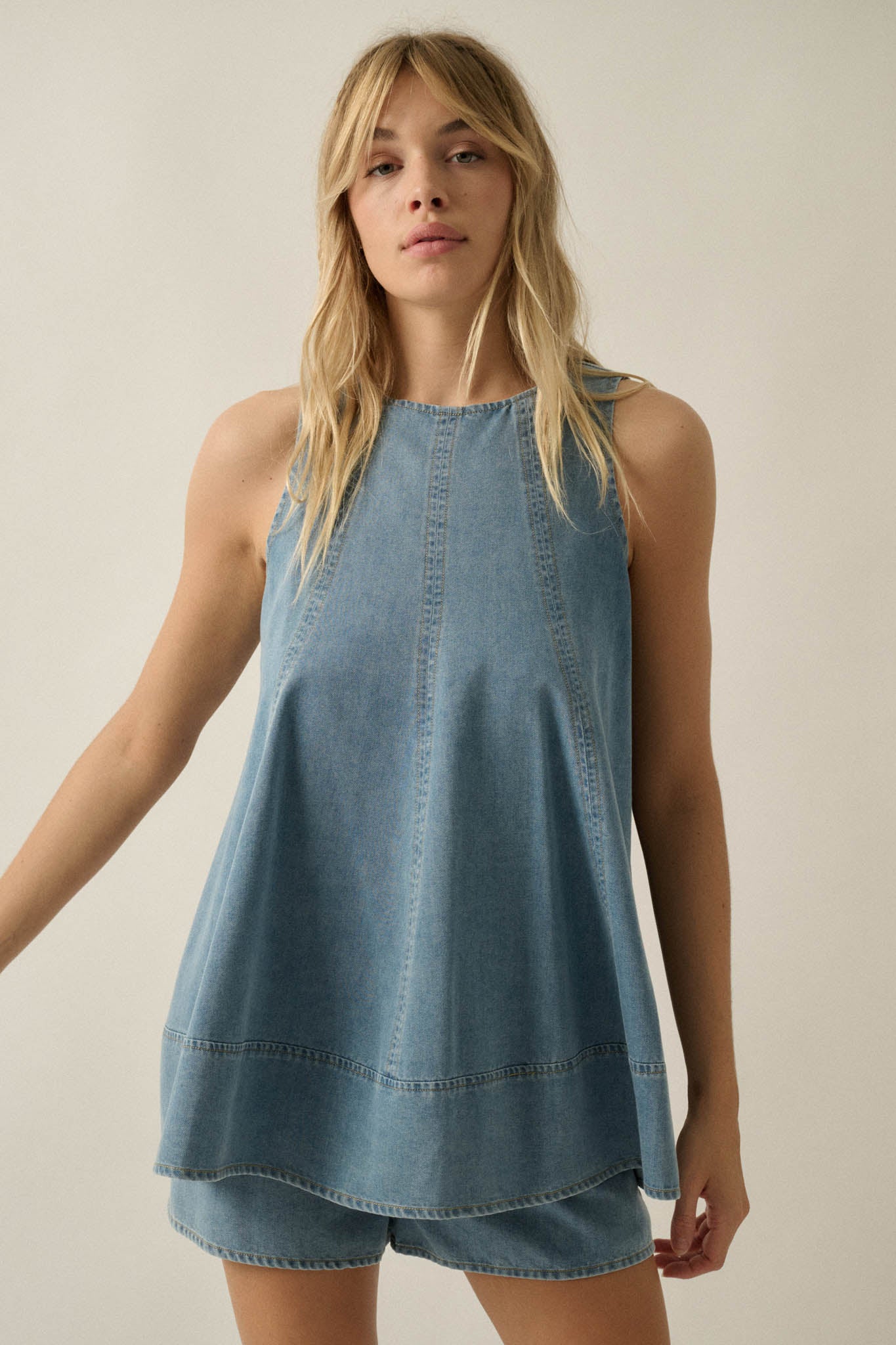 Pure Jeanius Denim Sleeveless A-Line Layered Romper - ShopPromesa