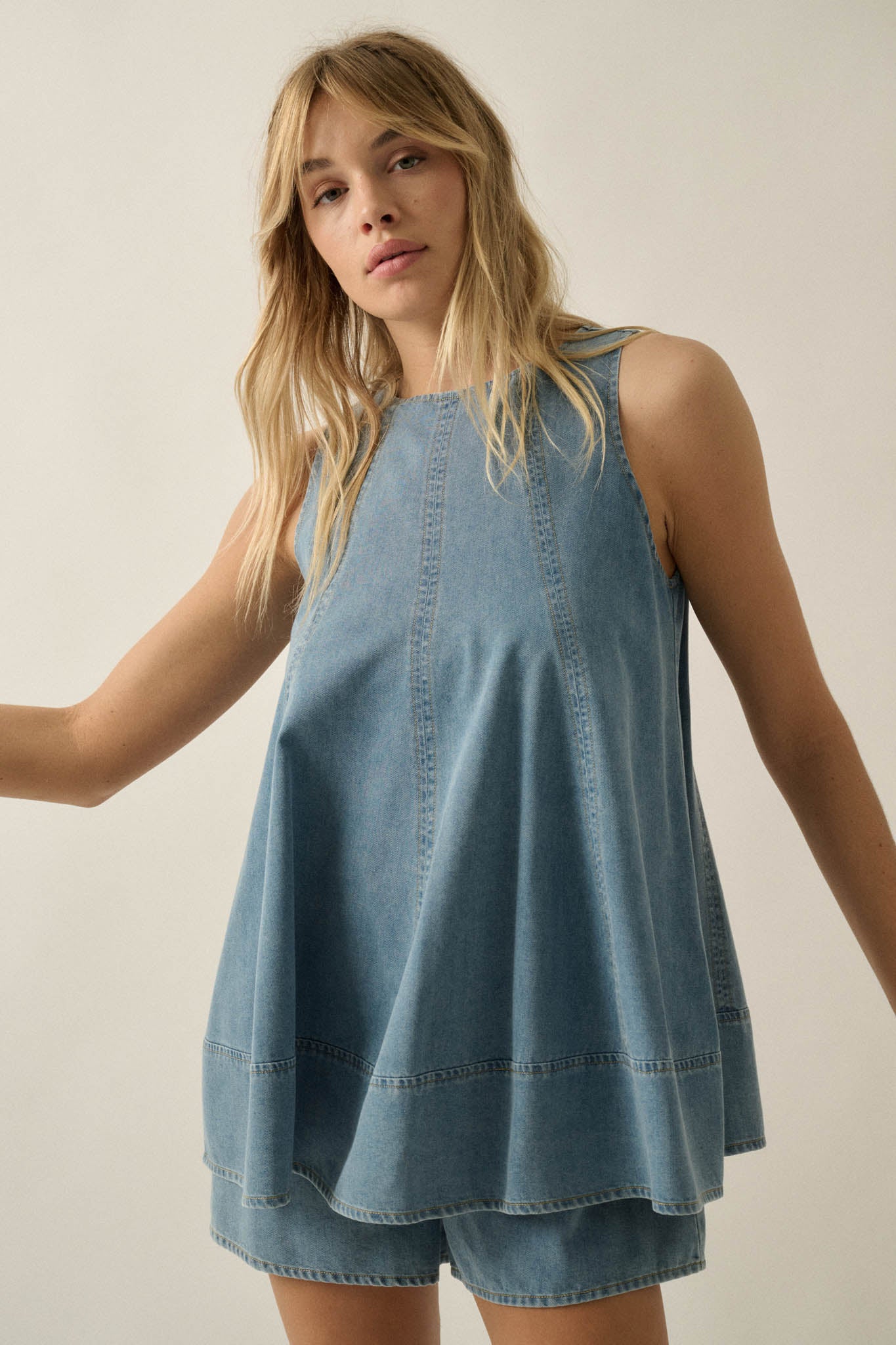 Pure Jeanius Denim Sleeveless A-Line Layered Romper - ShopPromesa