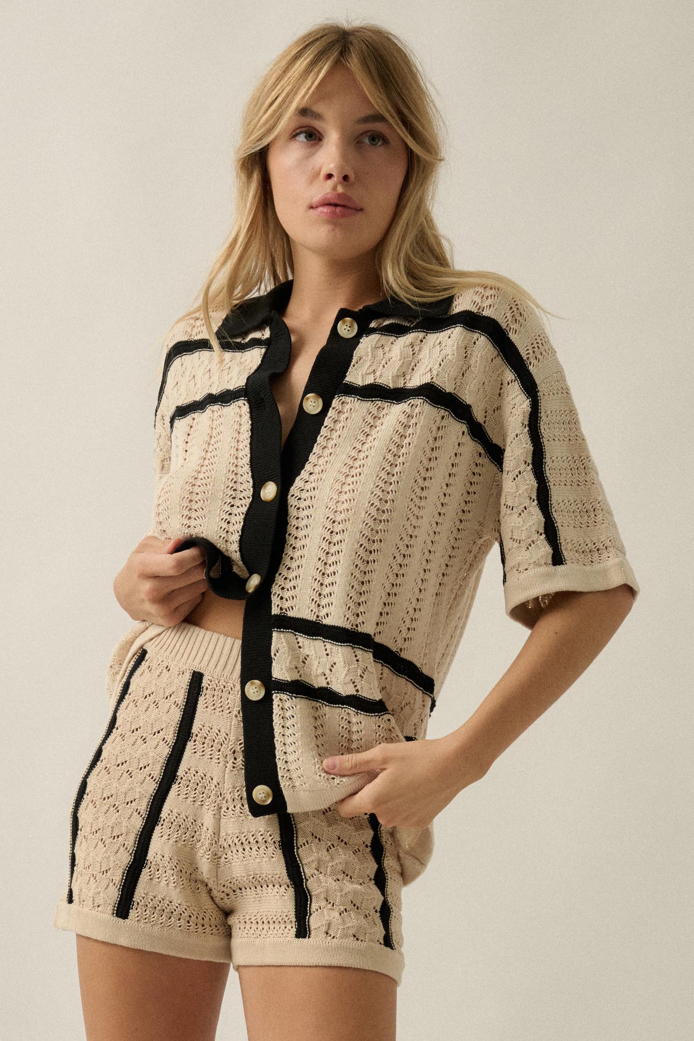 Down the Road Striped Crochet-Knit Sweater Shorts - ShopPromesa