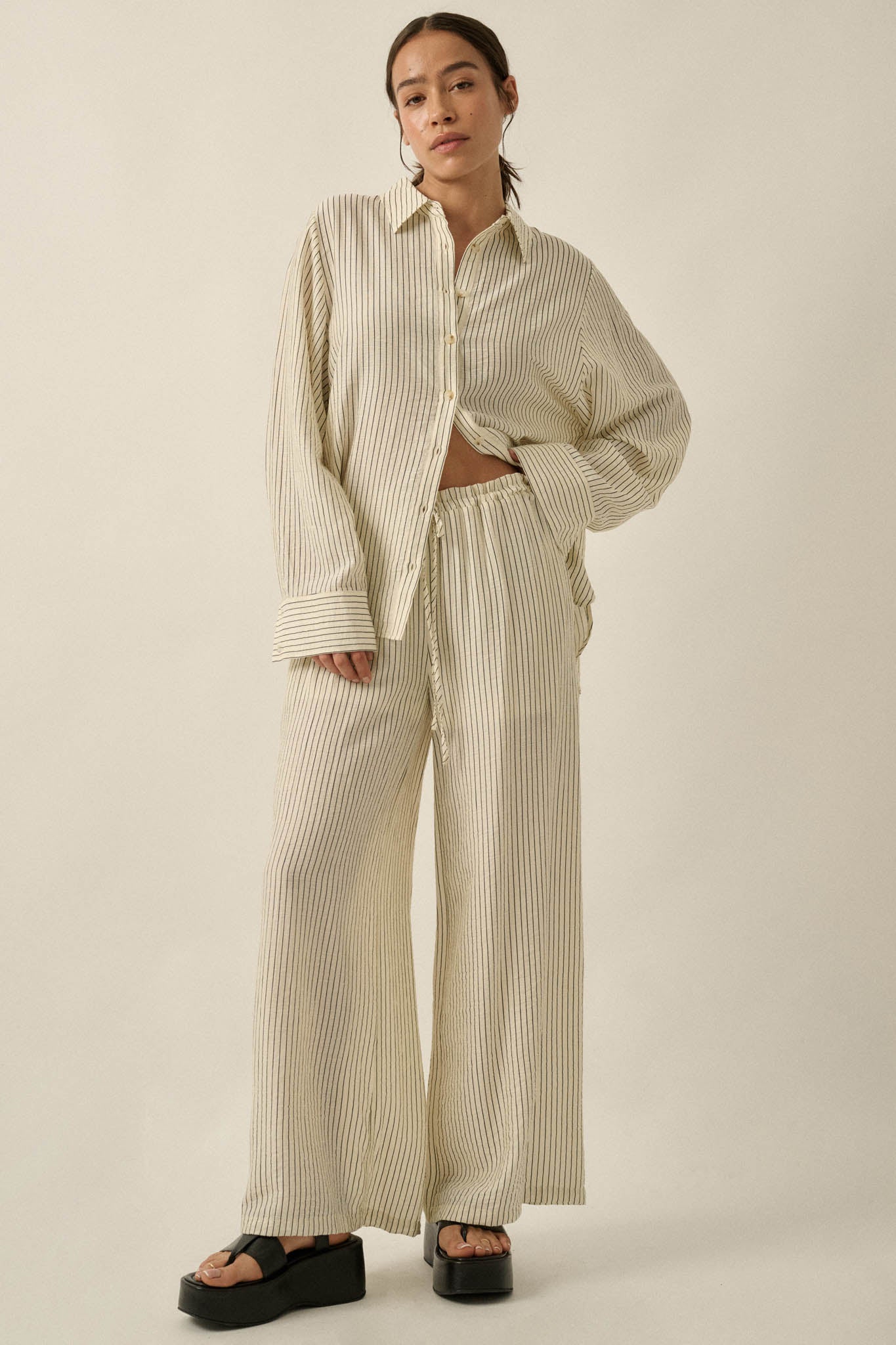 Lazy Weekend Pinstripe Wide-Leg Drawstring Pants