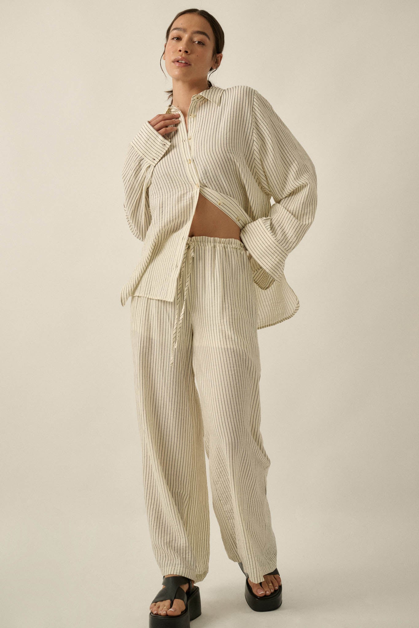 Lazy Weekend Pinstripe Wide-Leg Drawstring Pants