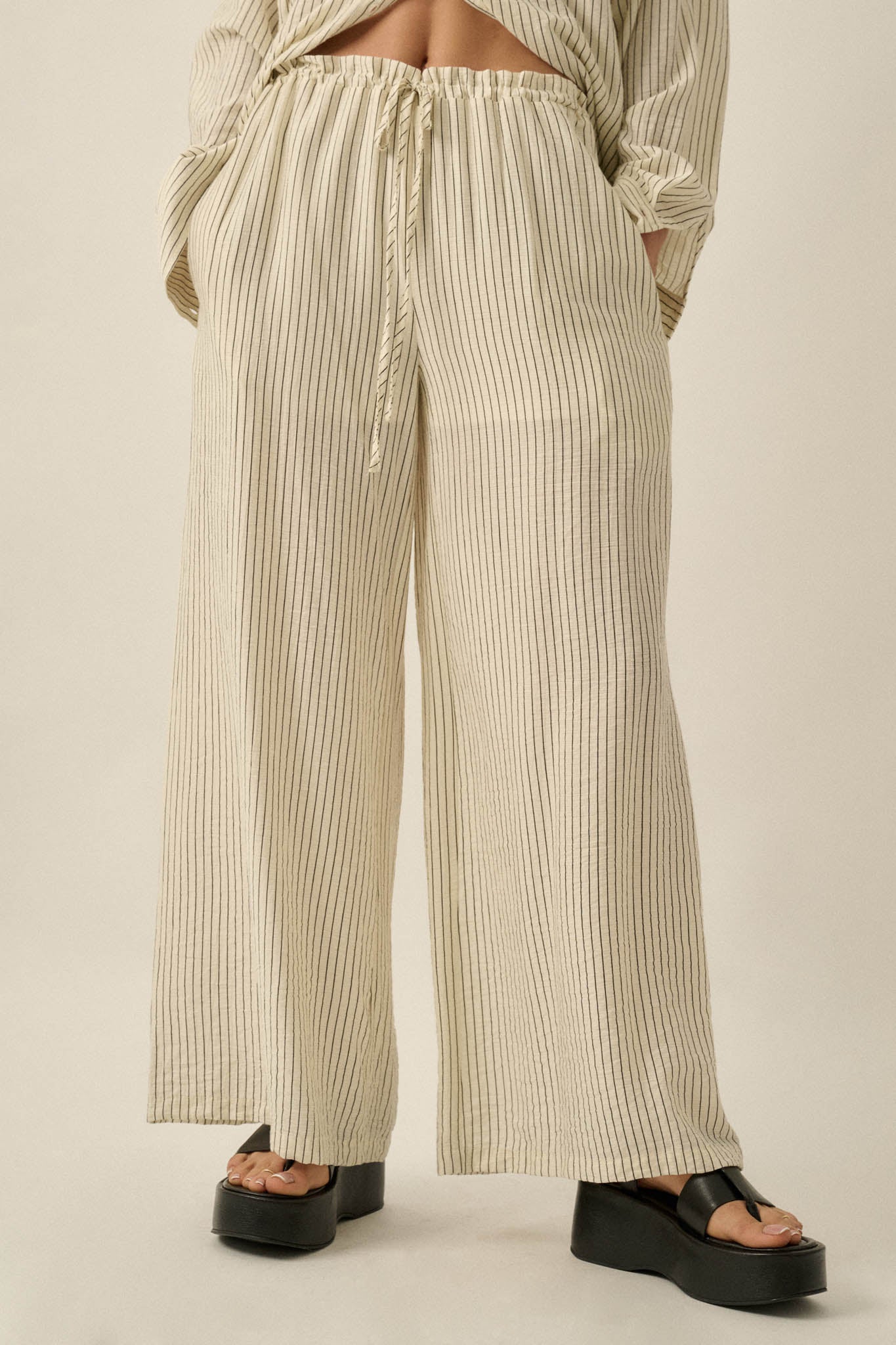 Lazy Weekend Pinstripe Wide-Leg Drawstring Pants
