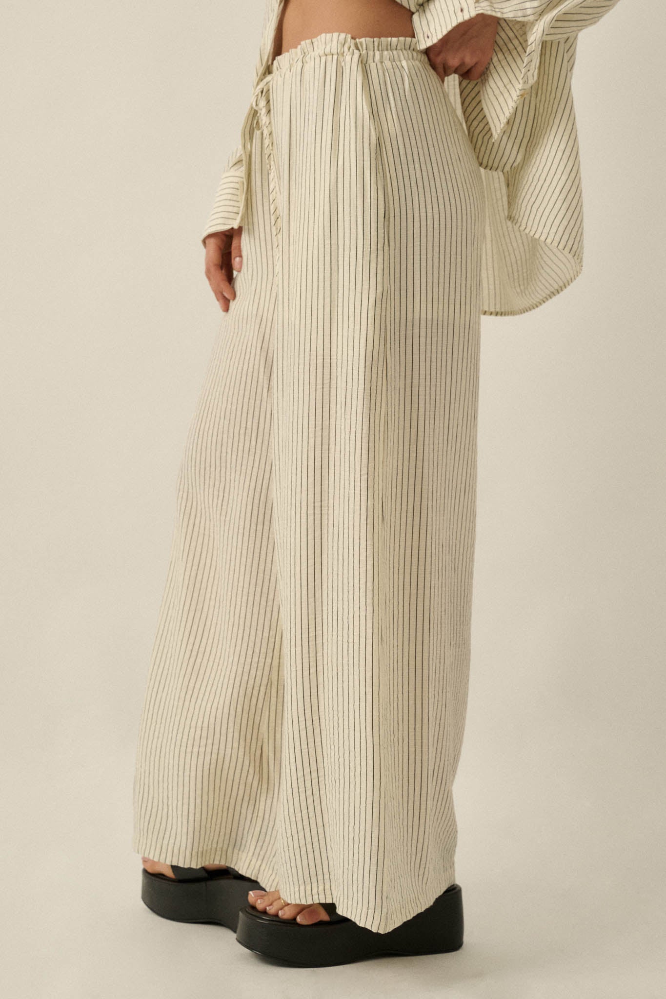 Lazy Weekend Pinstripe Wide-Leg Drawstring Pants
