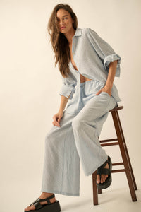 Lazy Weekend Pinstripe Wide-Leg Drawstring Pants - ShopPromesa
