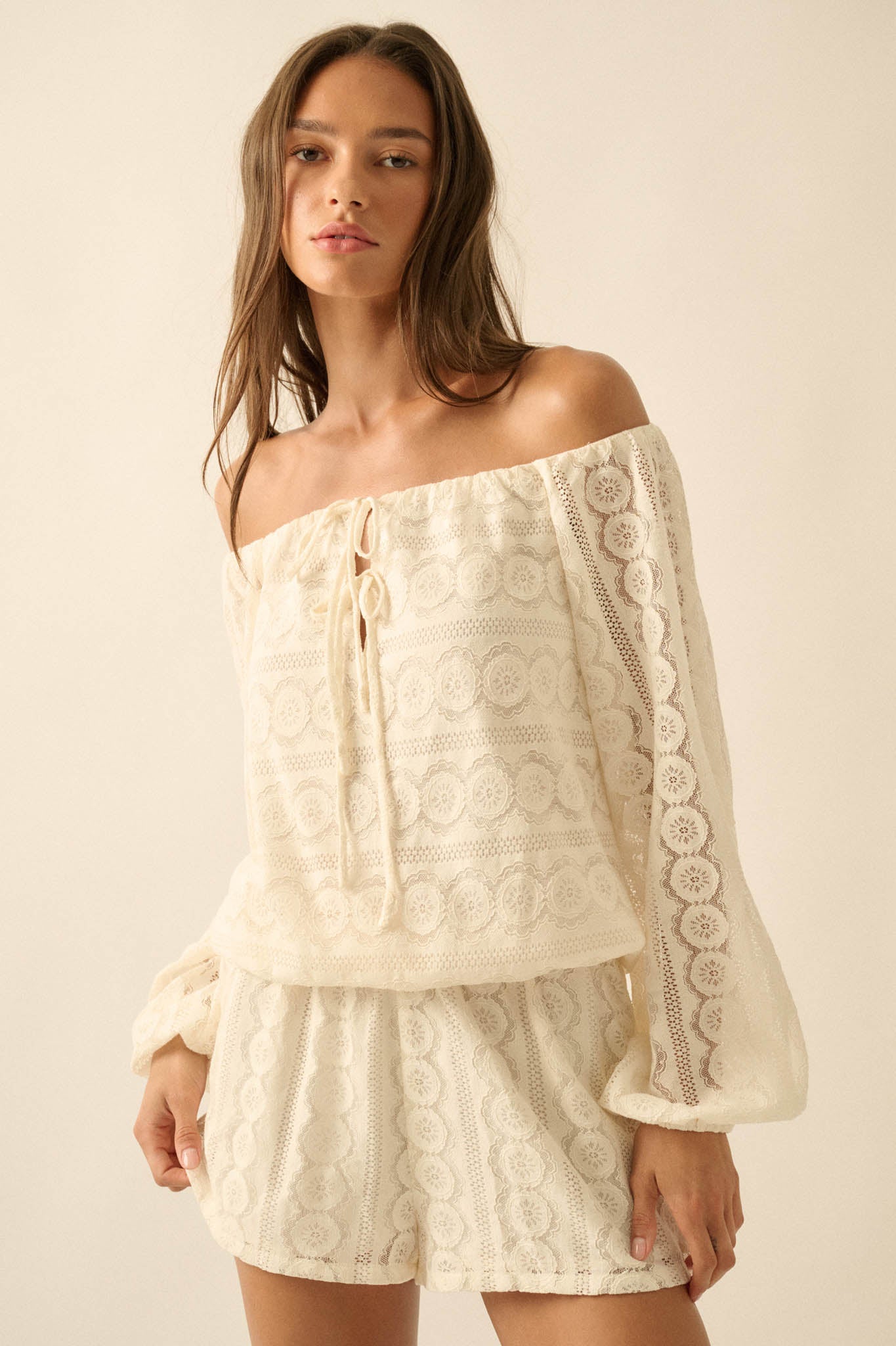 Sweet Daydream Lace Off-Shoulder Long-Sleeve Romper - ShopPromesa