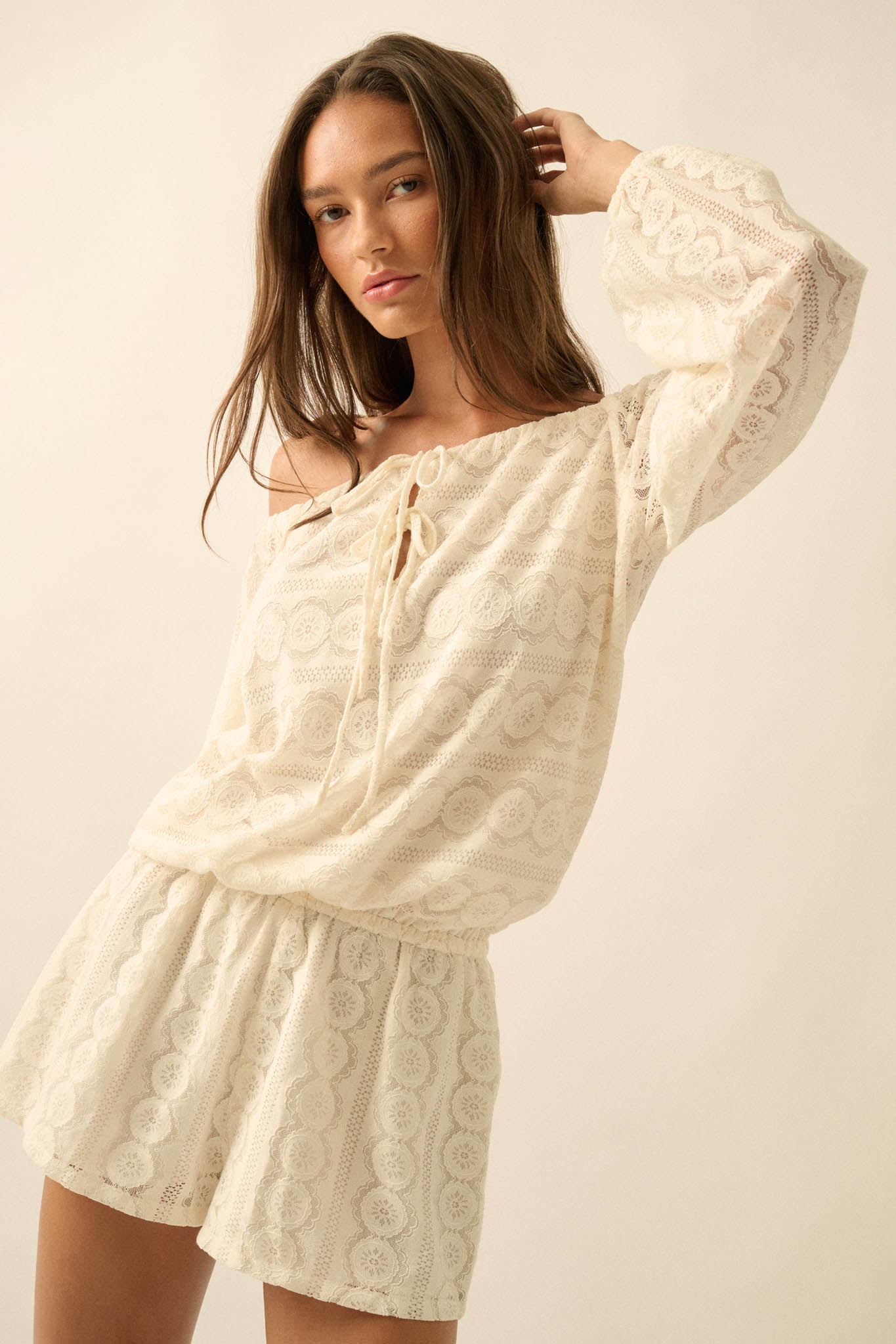 Sweet Daydream Lace Off-Shoulder Long-Sleeve Romper - ShopPromesa