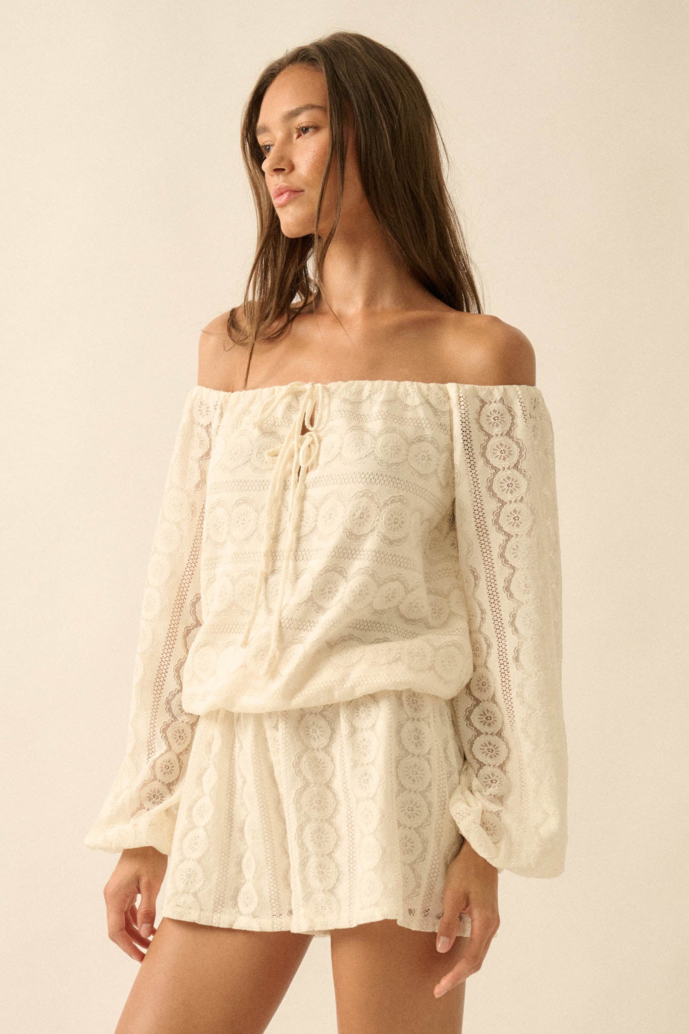 Sweet Daydream Lace Off-Shoulder Long-Sleeve Romper - ShopPromesa