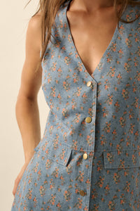 Twill Garden Floral-Print Denim Vest Romper - ShopPromesa