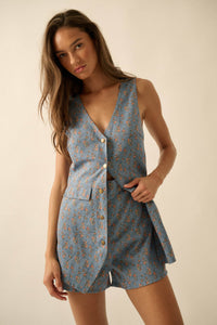 Twill Garden Floral-Print Denim Vest Romper - ShopPromesa