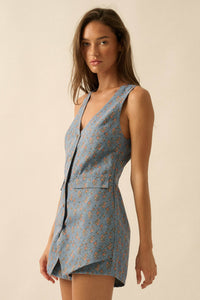 Twill Garden Floral-Print Denim Vest Romper - ShopPromesa