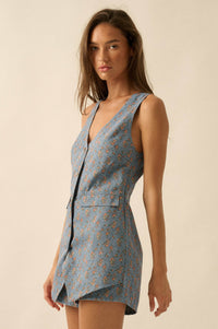Twill Garden Floral-Print Denim Vest Romper - ShopPromesa