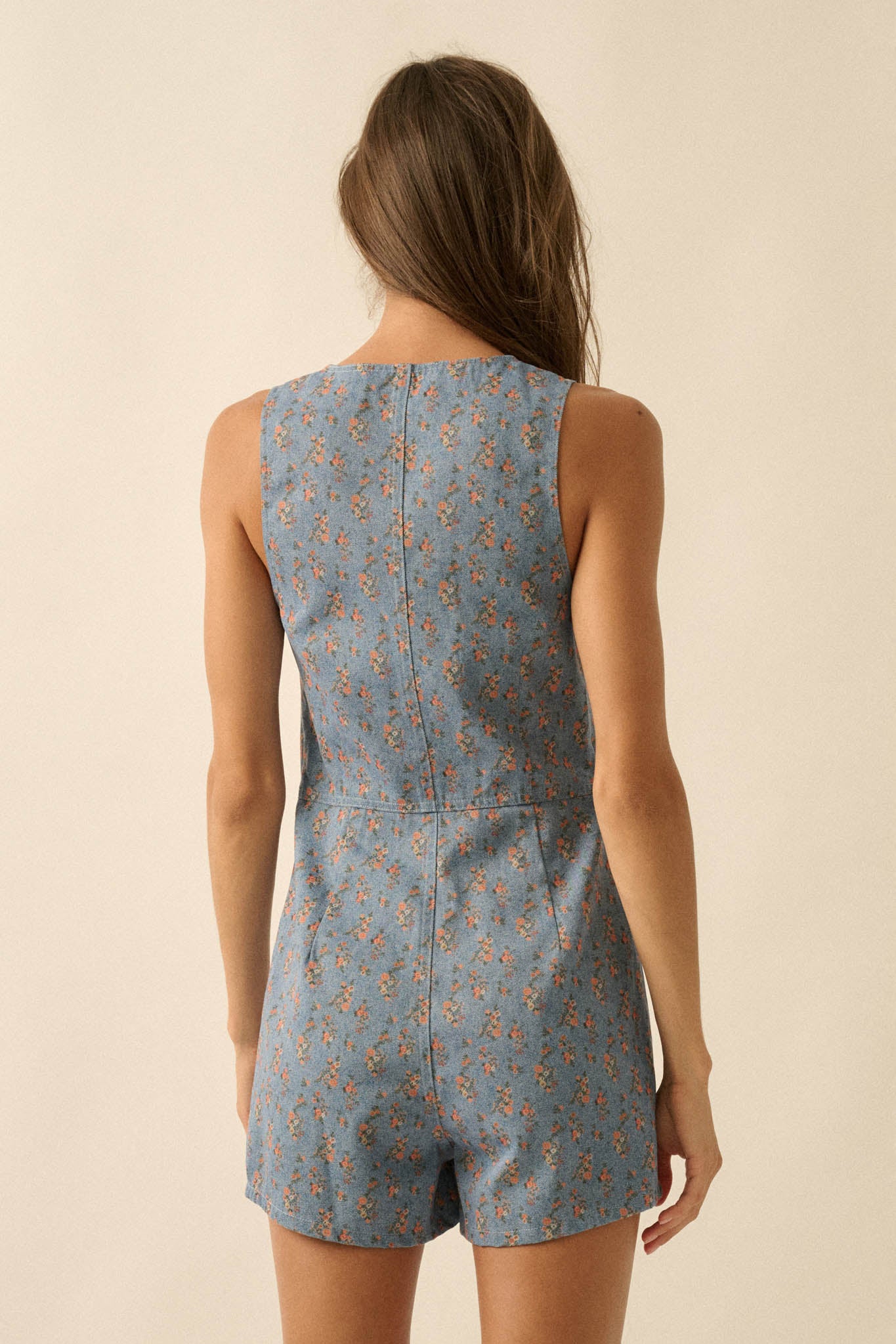 Twill Garden Floral-Print Denim Vest Romper - ShopPromesa