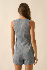 Twill Garden Floral-Print Denim Vest Romper - ShopPromesa
