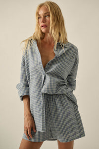 Sunny Sunday Plaid Seersucker Pleated Shorts - ShopPromesa