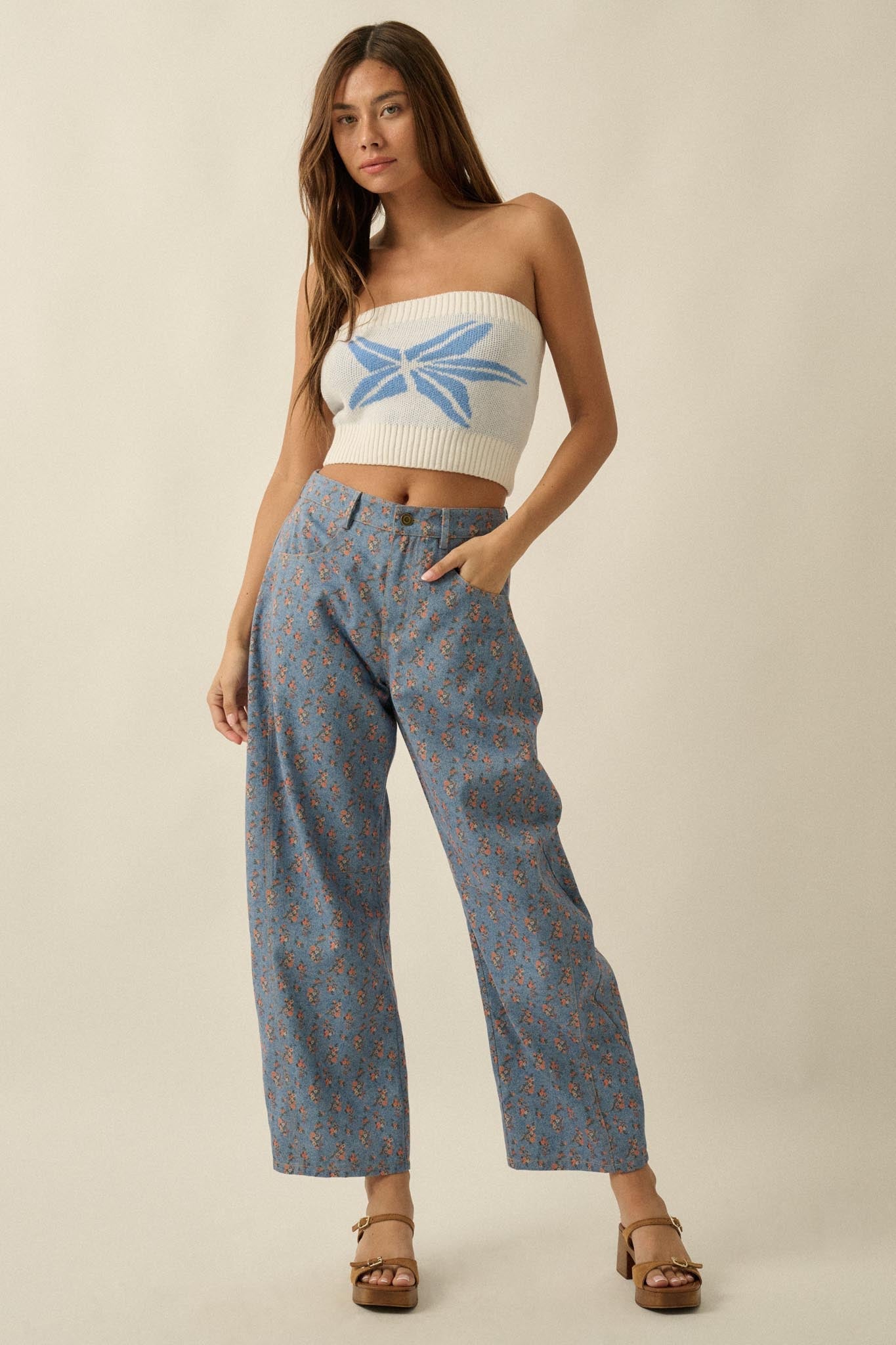 Blooming Blues Floral-Print Denim Barrel Jeans - ShopPromesa