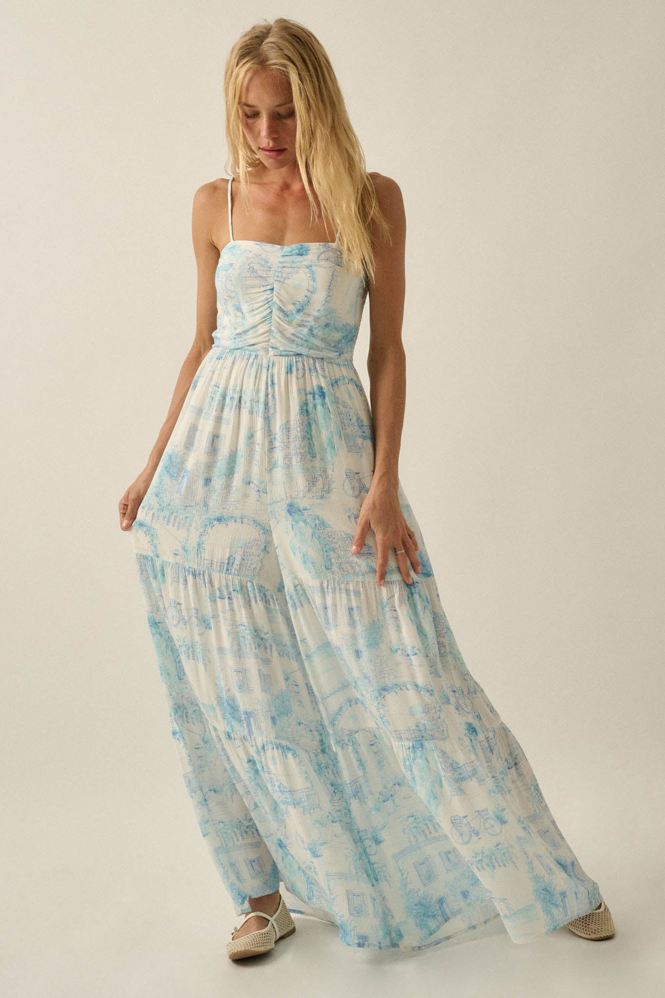 Beautiful View Toile Wide-Leg Tiered Jumpsuit - ShopPromesa