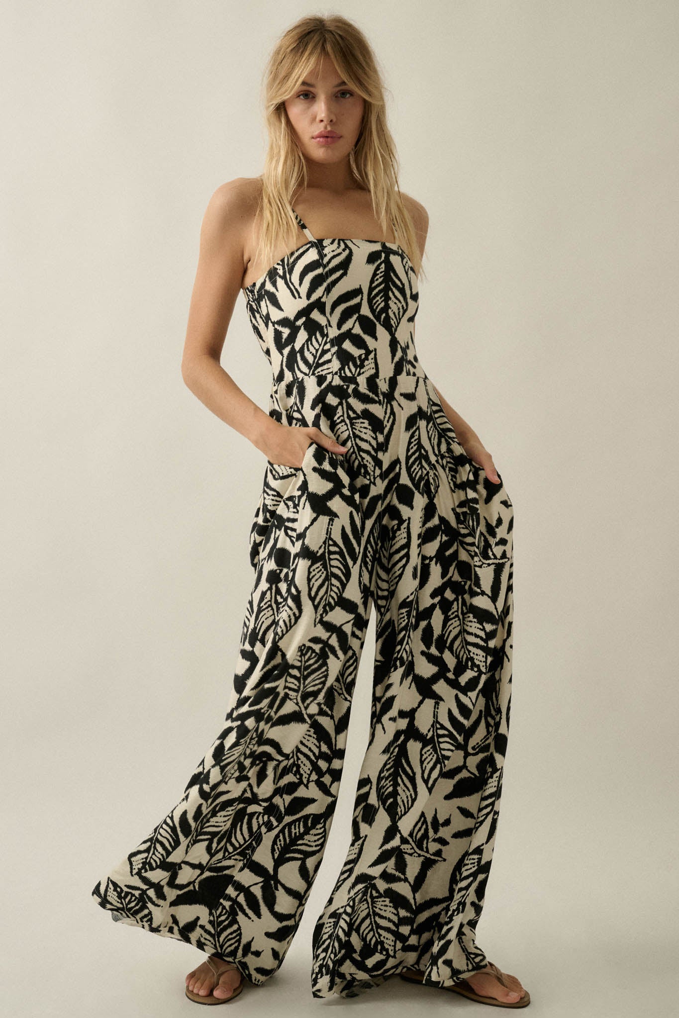 Lush Leaves Tropical-Print Wide-Leg Cami Jumpsuit - ShopPromesa