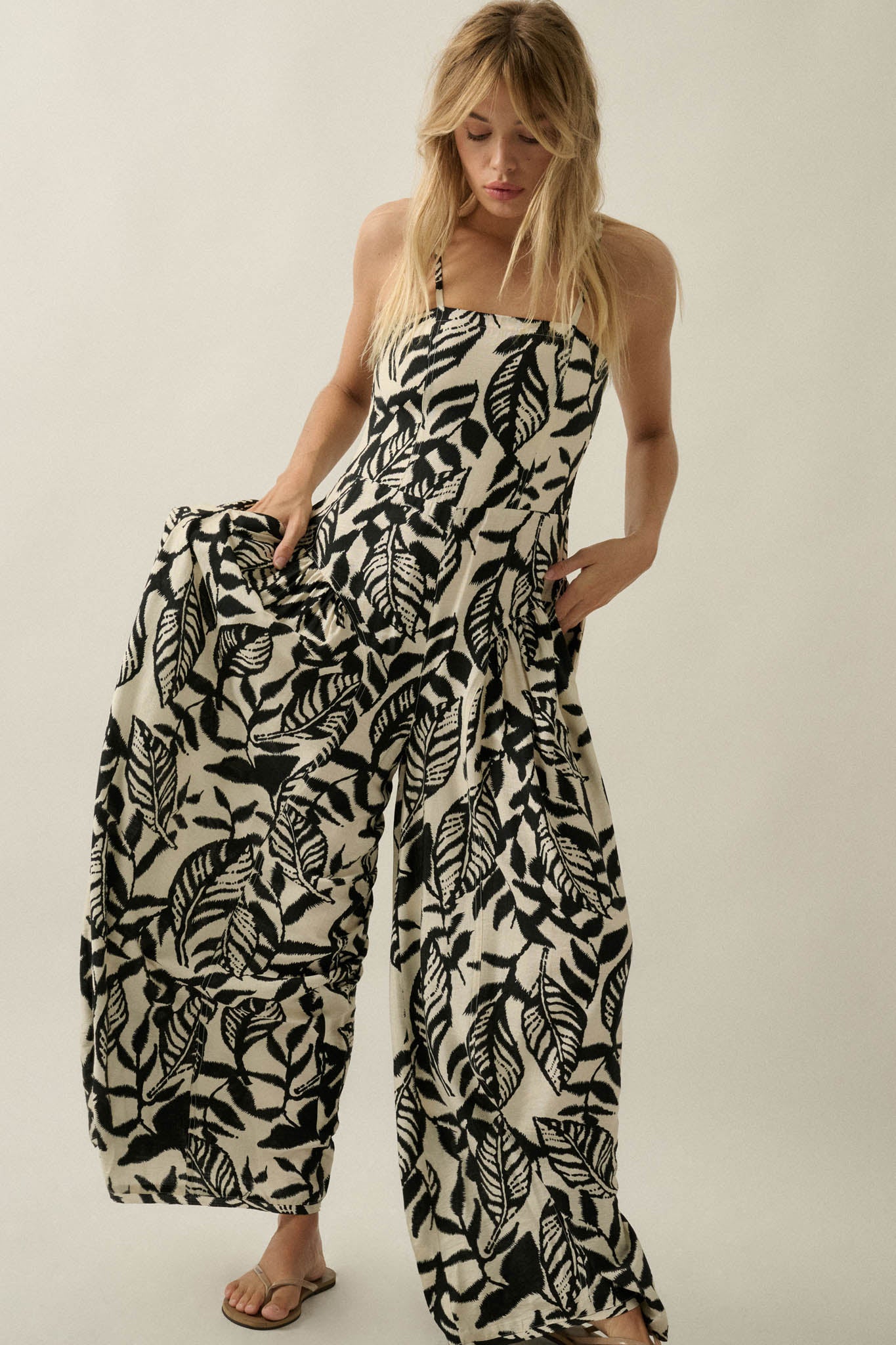 Lush Leaves Tropical-Print Wide-Leg Cami Jumpsuit - ShopPromesa