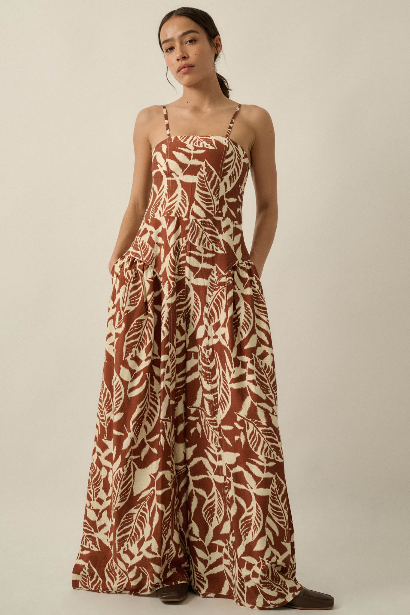 Lush Leaves Tropical-Print Wide-Leg Cami Jumpsuit - ShopPromesa
