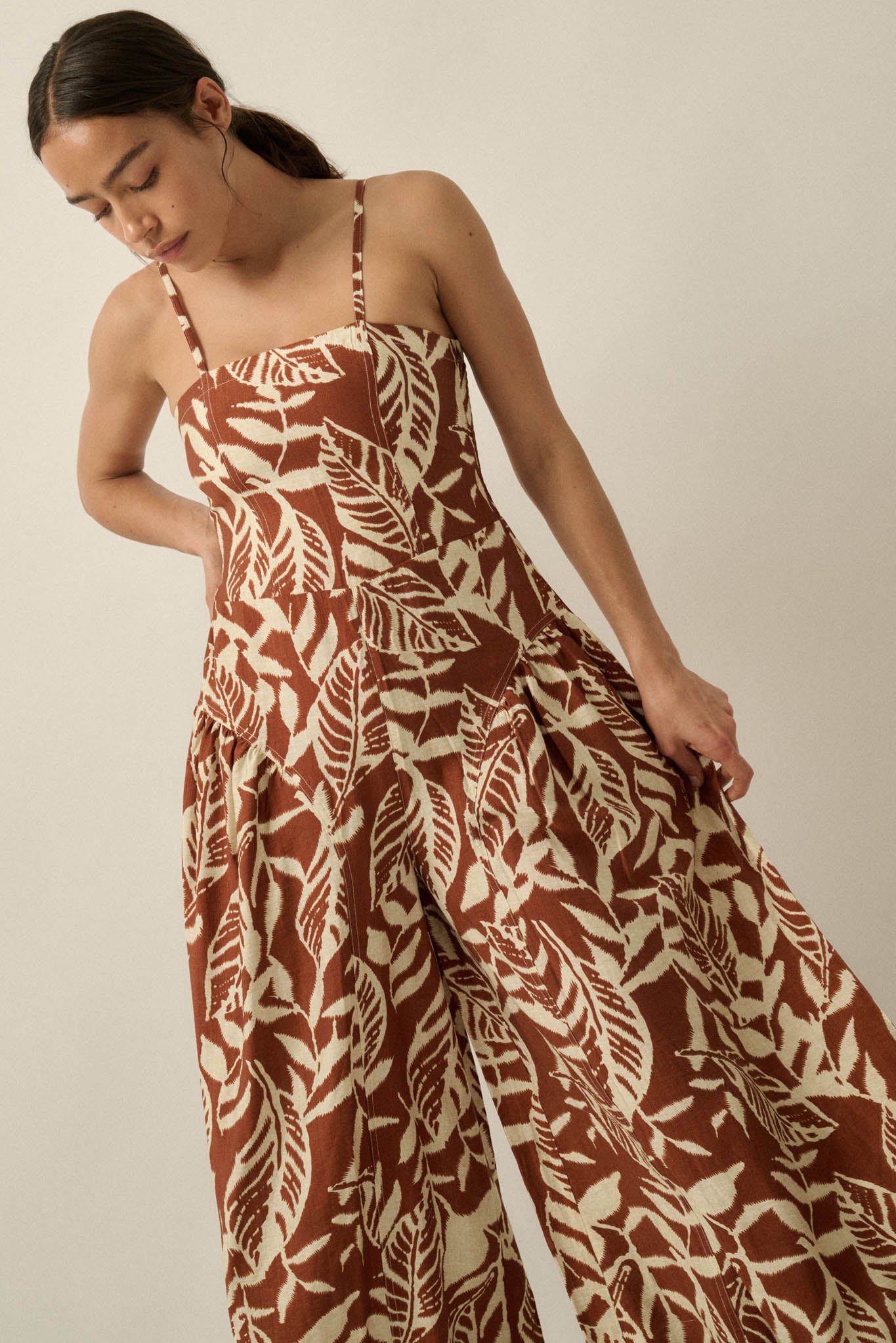 Lush Leaves Tropical-Print Wide-Leg Cami Jumpsuit - ShopPromesa