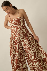 Lush Leaves Tropical-Print Wide-Leg Cami Jumpsuit - ShopPromesa