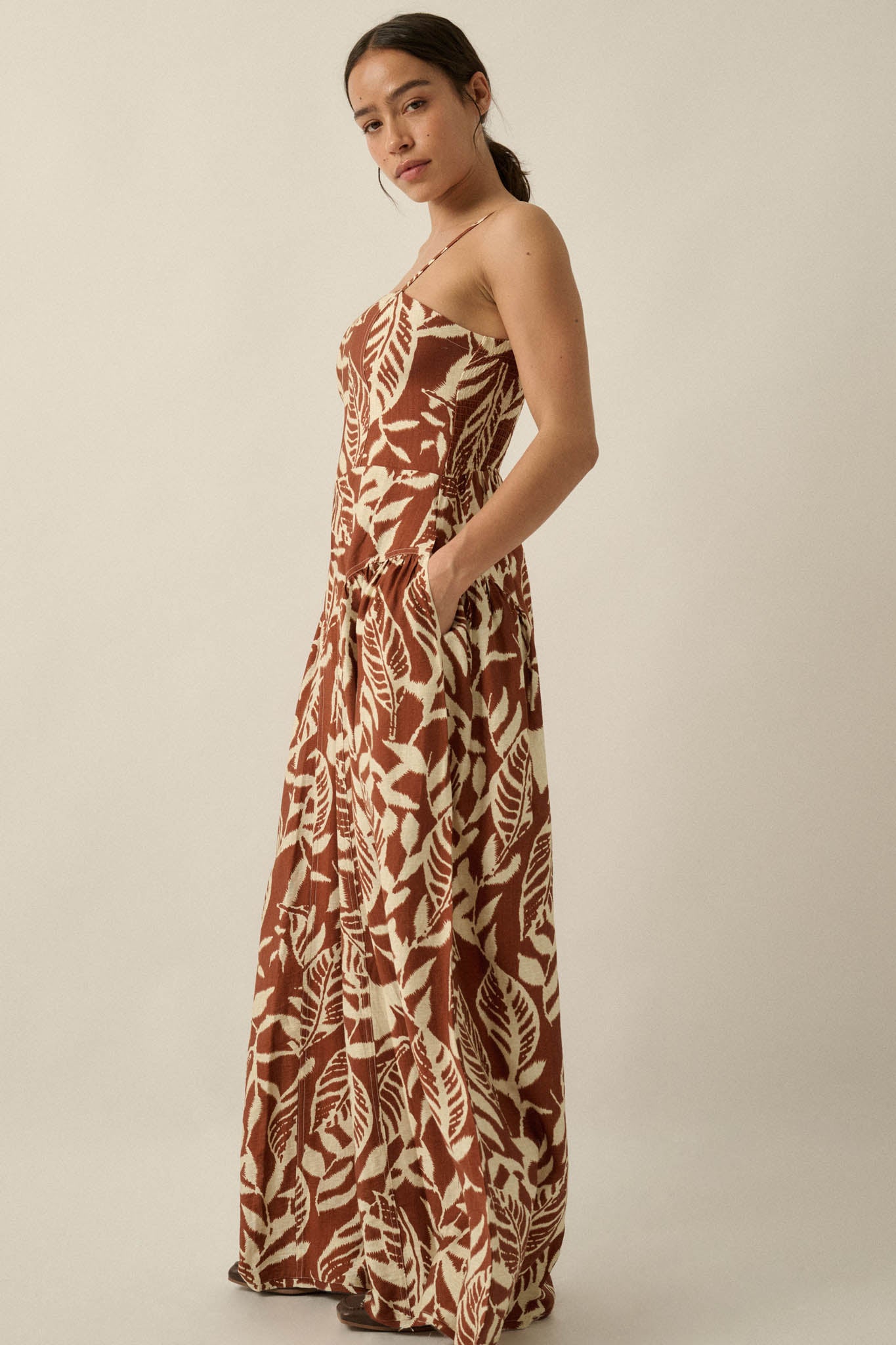Lush Leaves Tropical-Print Wide-Leg Cami Jumpsuit - ShopPromesa