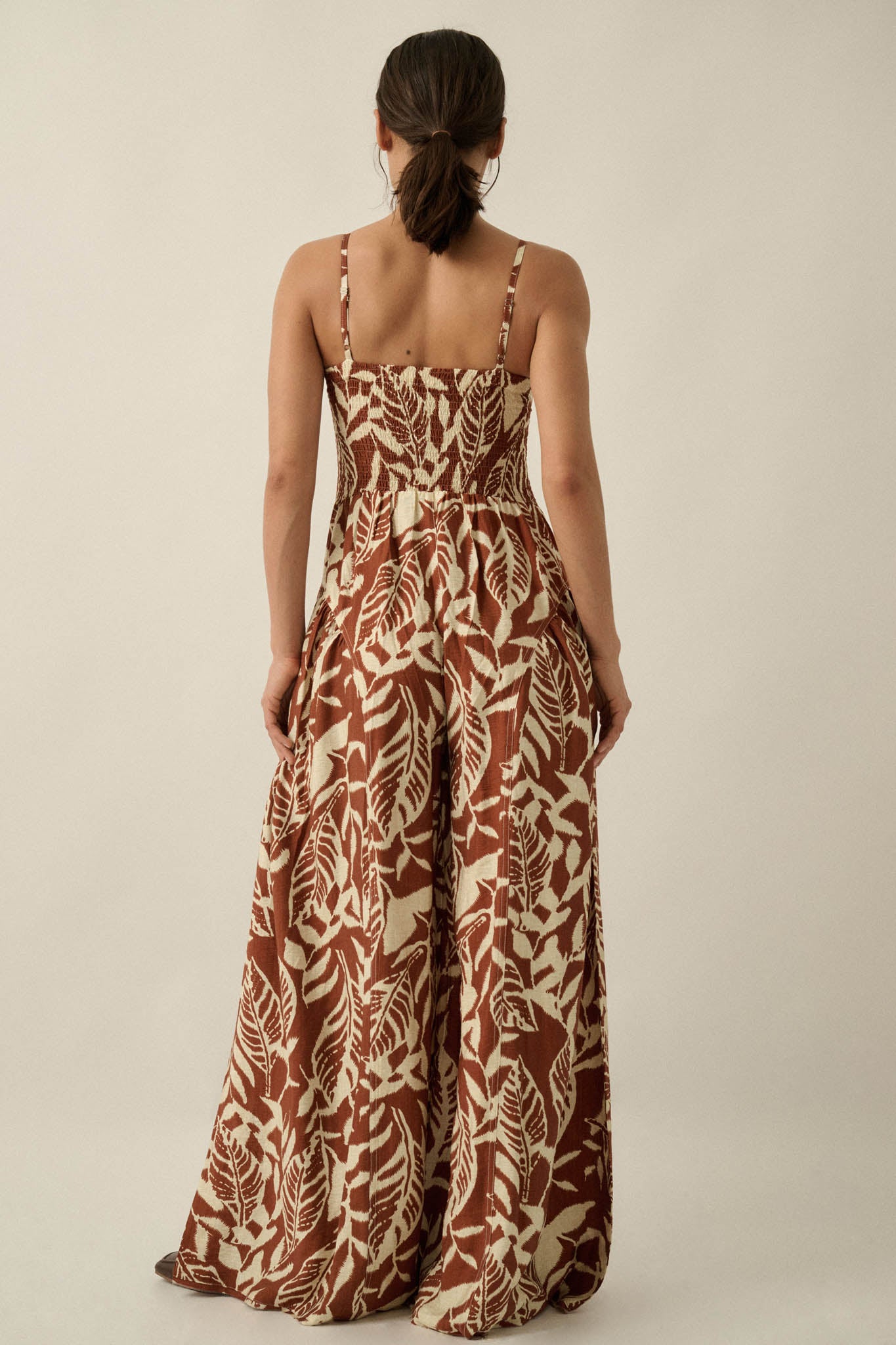 Lush Leaves Tropical-Print Wide-Leg Cami Jumpsuit - ShopPromesa