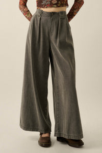 Step Ahead Denim Pleated Wide-Leg Pocket Pants - ShopPromesa