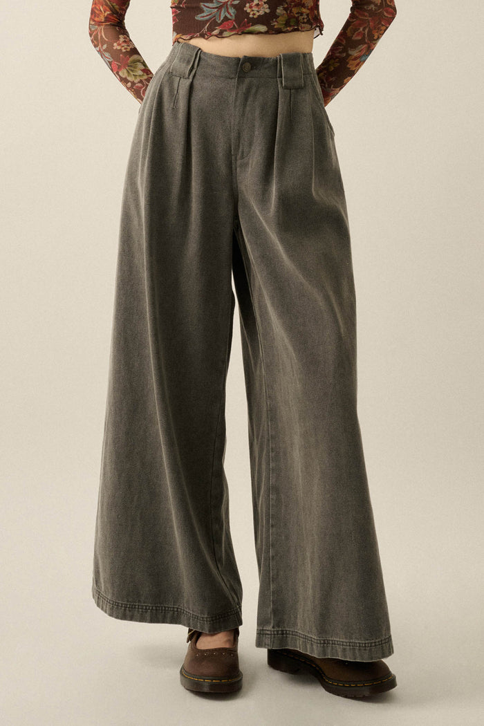 Step Ahead Denim Pleated Wide-Leg Pocket Pants - ShopPromesa