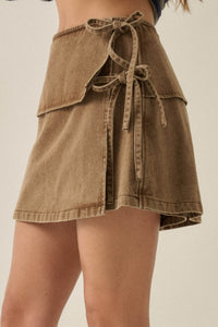 Stepping Out Washed Denim Wrap Side-Tie Mini Skort - ShopPromesa