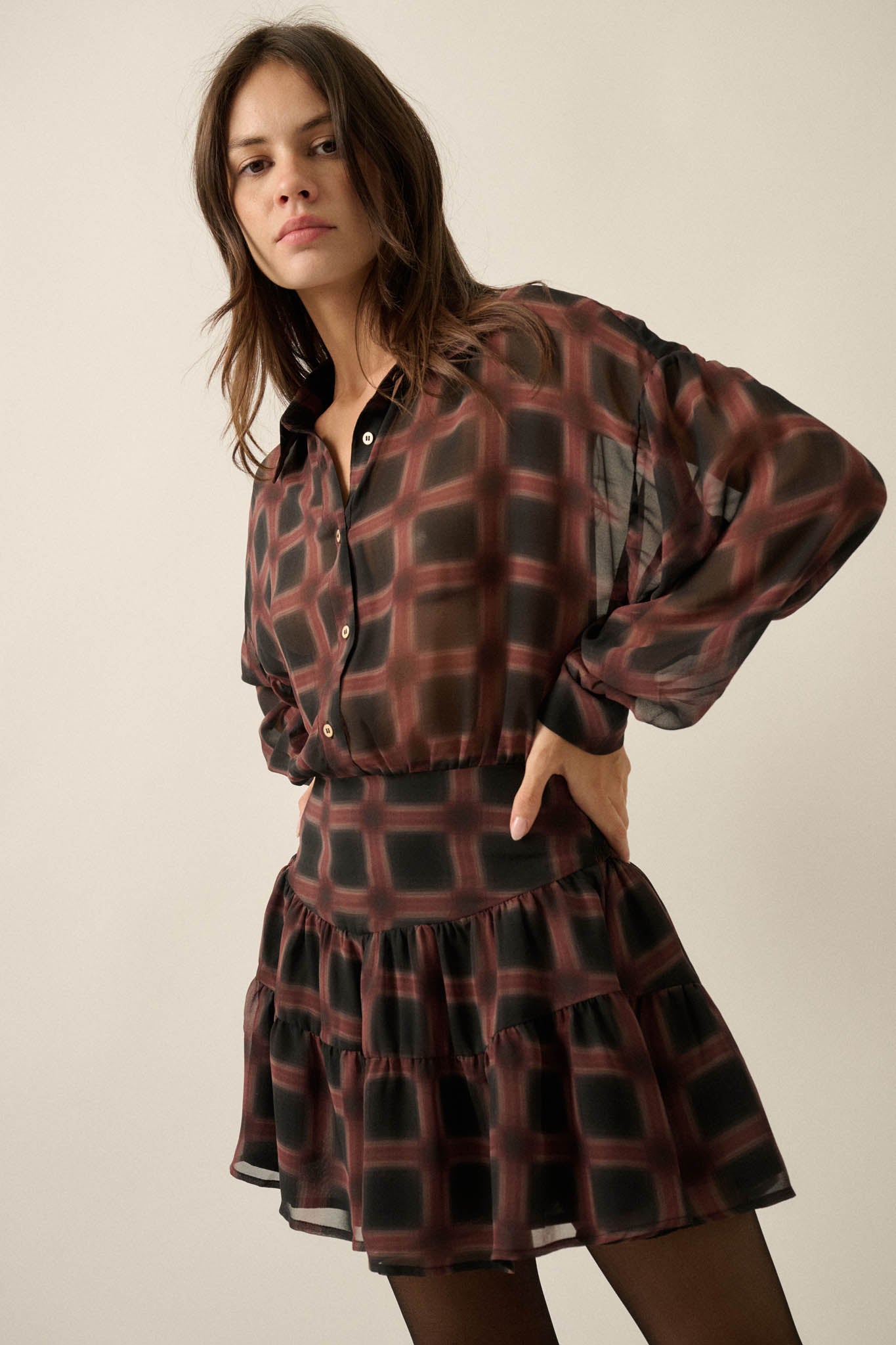 Let's Meet Again Plaid Chiffon Drop-Waist Shirt Romper - ShopPromesa