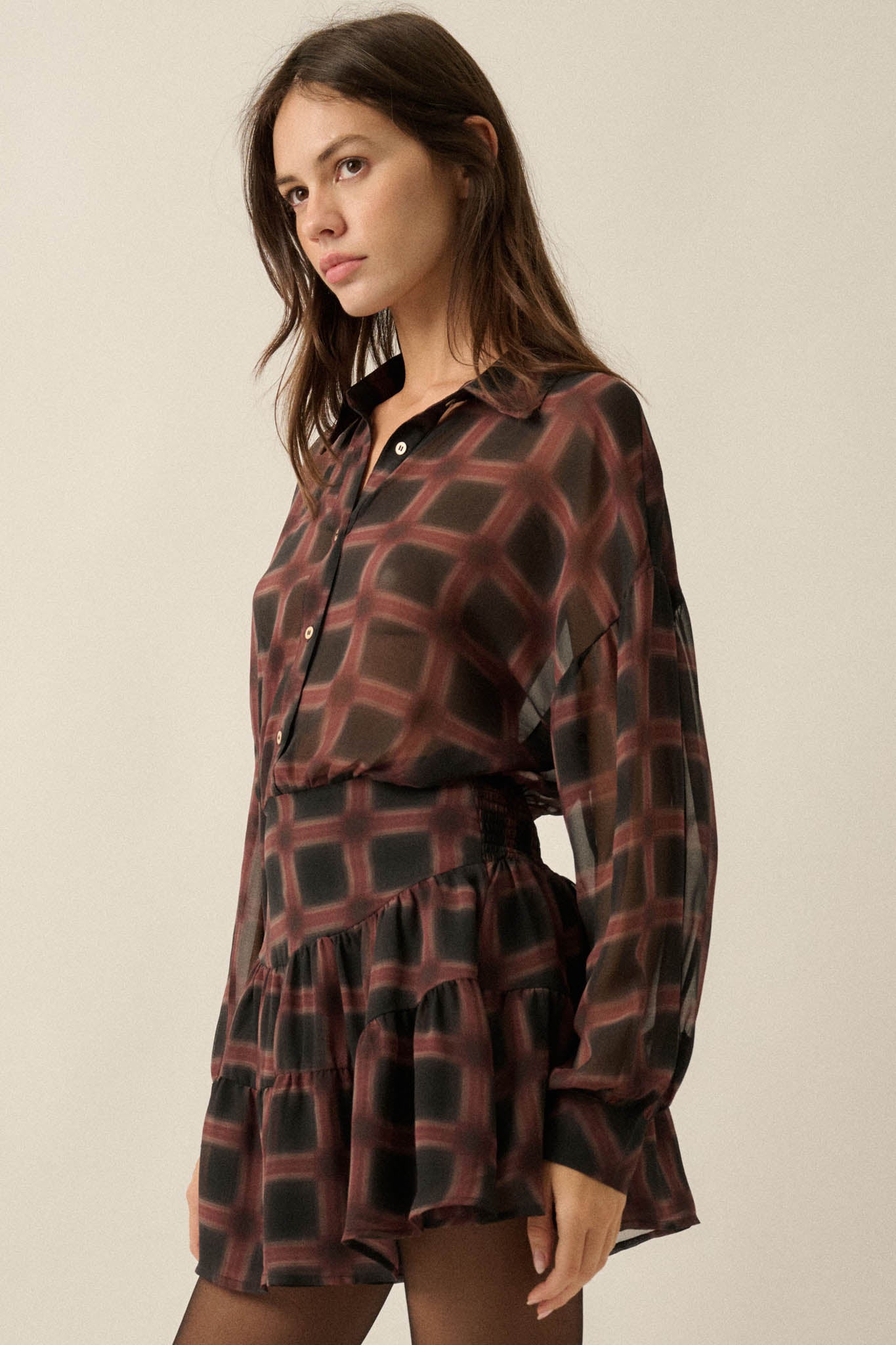 Let's Meet Again Plaid Chiffon Drop-Waist Shirt Romper - ShopPromesa