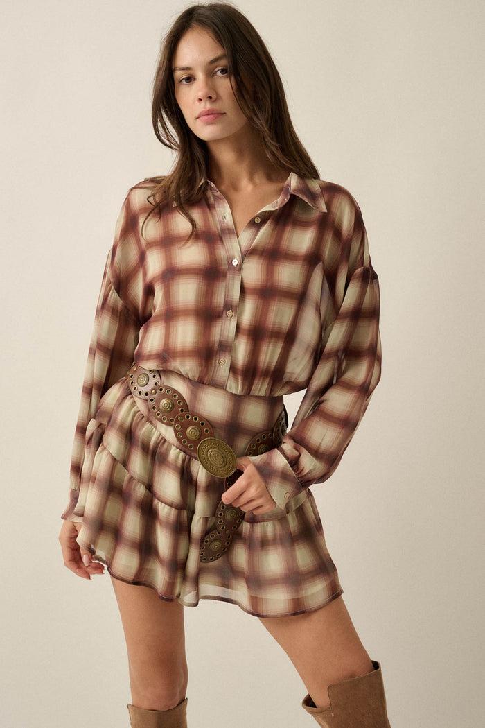 Let's Meet Again Plaid Chiffon Drop-Waist Shirt Romper - ShopPromesa