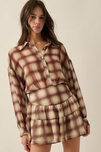 Let's Meet Again Plaid Chiffon Drop-Waist Shirt Romper - ShopPromesa
