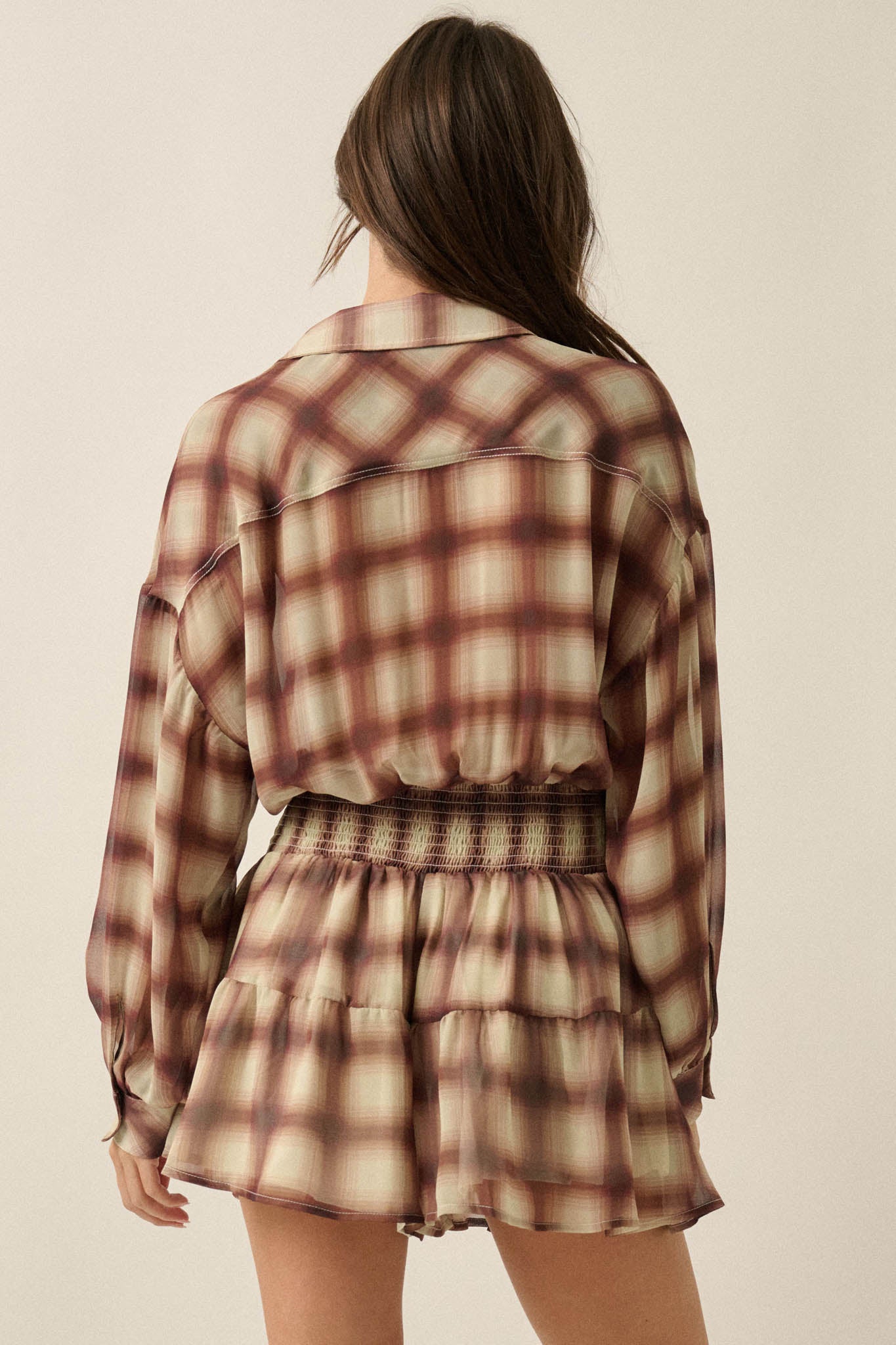 Let's Meet Again Plaid Chiffon Drop-Waist Shirt Romper - ShopPromesa