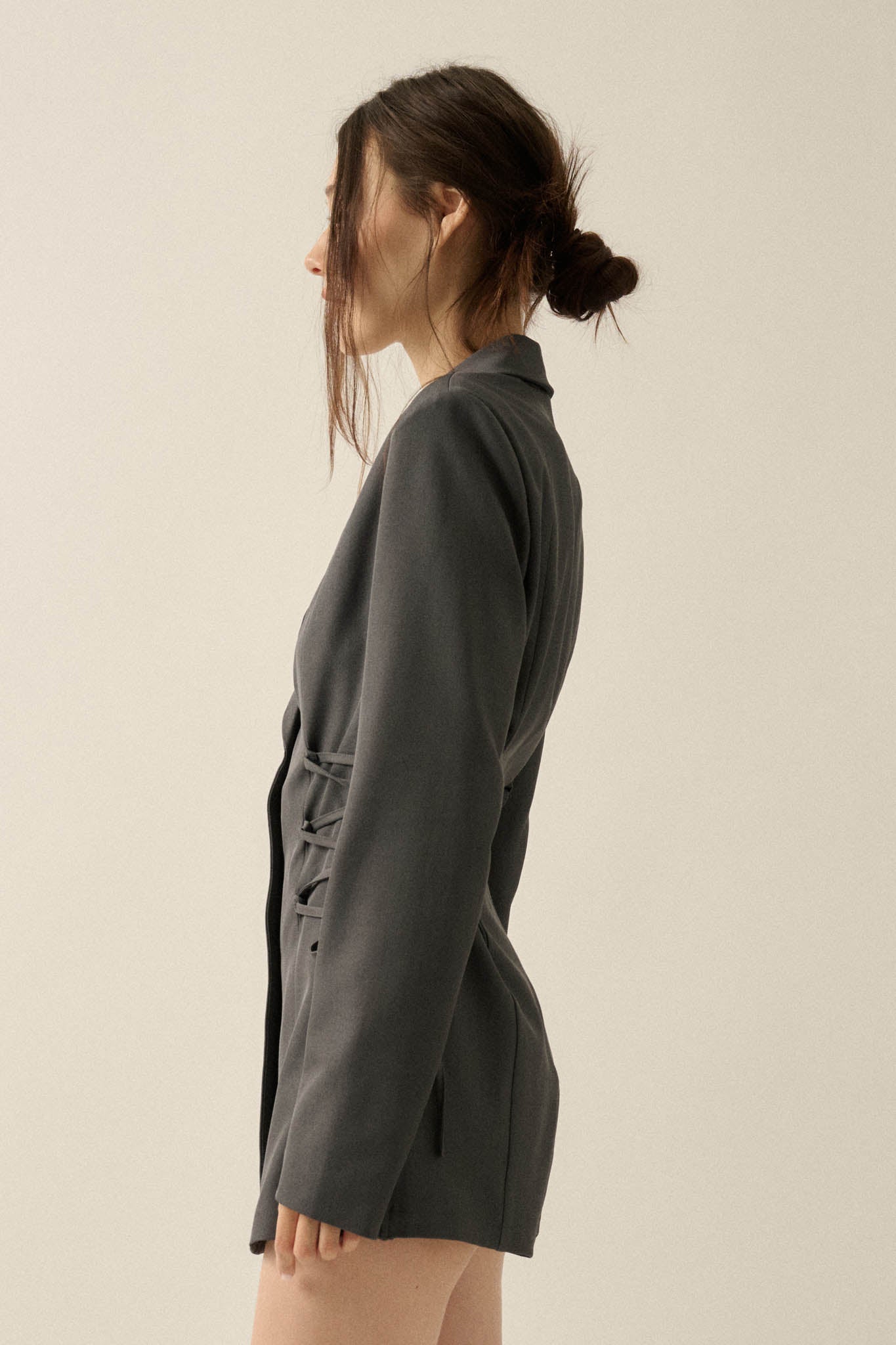 Self Made Gabardine Lace-Up Buttoned Blazer Romper - ShopPromesa