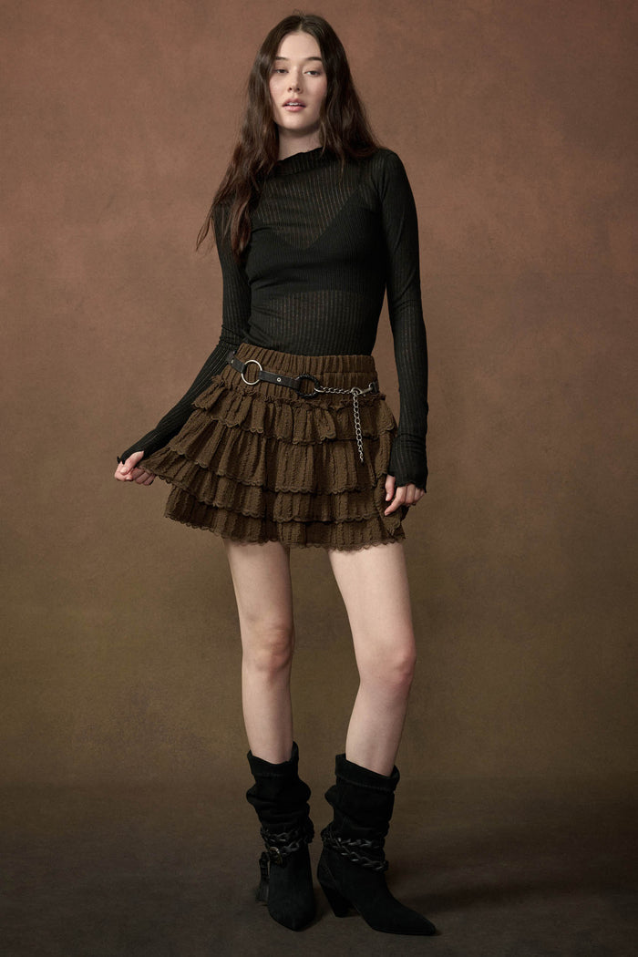 Darling Doll Ruffled Bouclé-Knit Lace-Trim Mini Skort - ShopPromesa