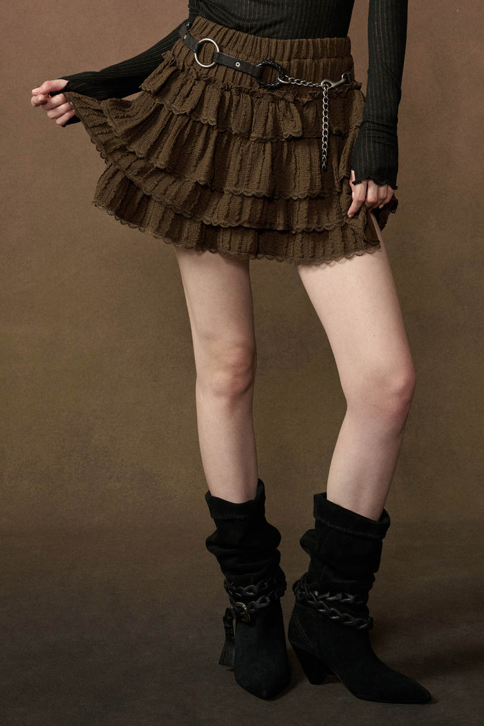 Darling Doll Ruffled Bouclé-Knit Lace-Trim Mini Skort - ShopPromesa