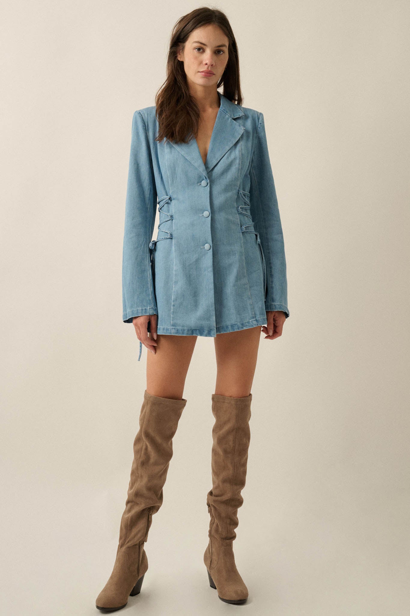 Blue Chip Denim Lace-Up Buttoned Blazer Romper - ShopPromesa