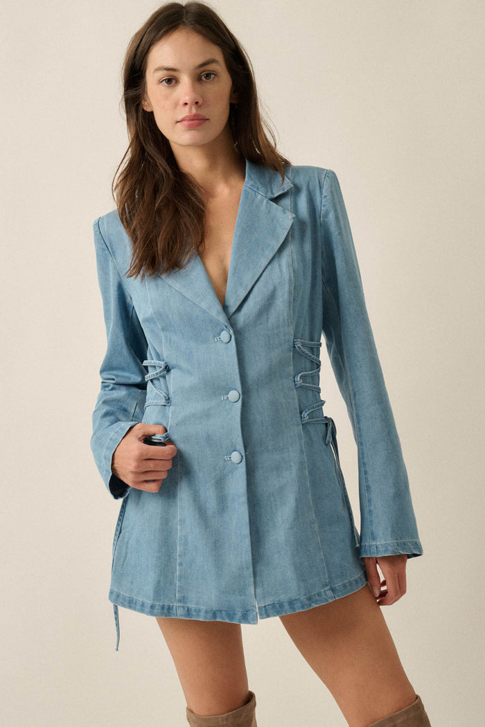 Blue Chip Denim Lace-Up Buttoned Blazer Romper - ShopPromesa