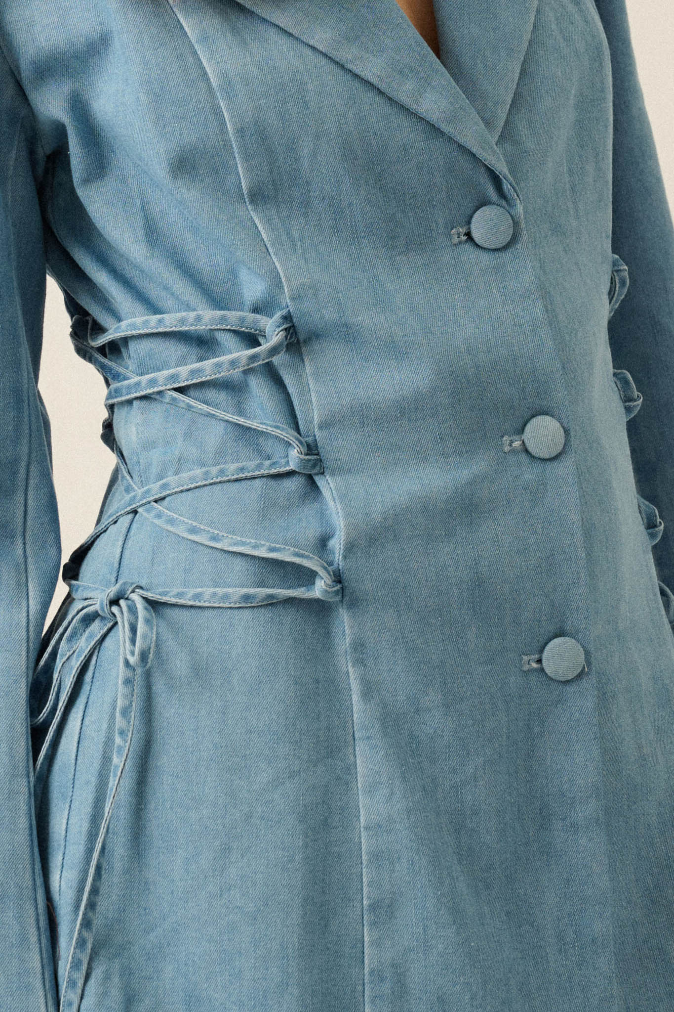 Blue Chip Denim Lace-Up Buttoned Blazer Romper - ShopPromesa