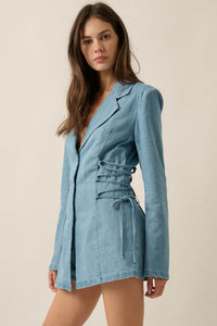 Blue Chip Denim Lace-Up Buttoned Blazer Romper - ShopPromesa