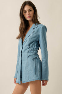 Blue Chip Denim Lace-Up Buttoned Blazer Romper - ShopPromesa