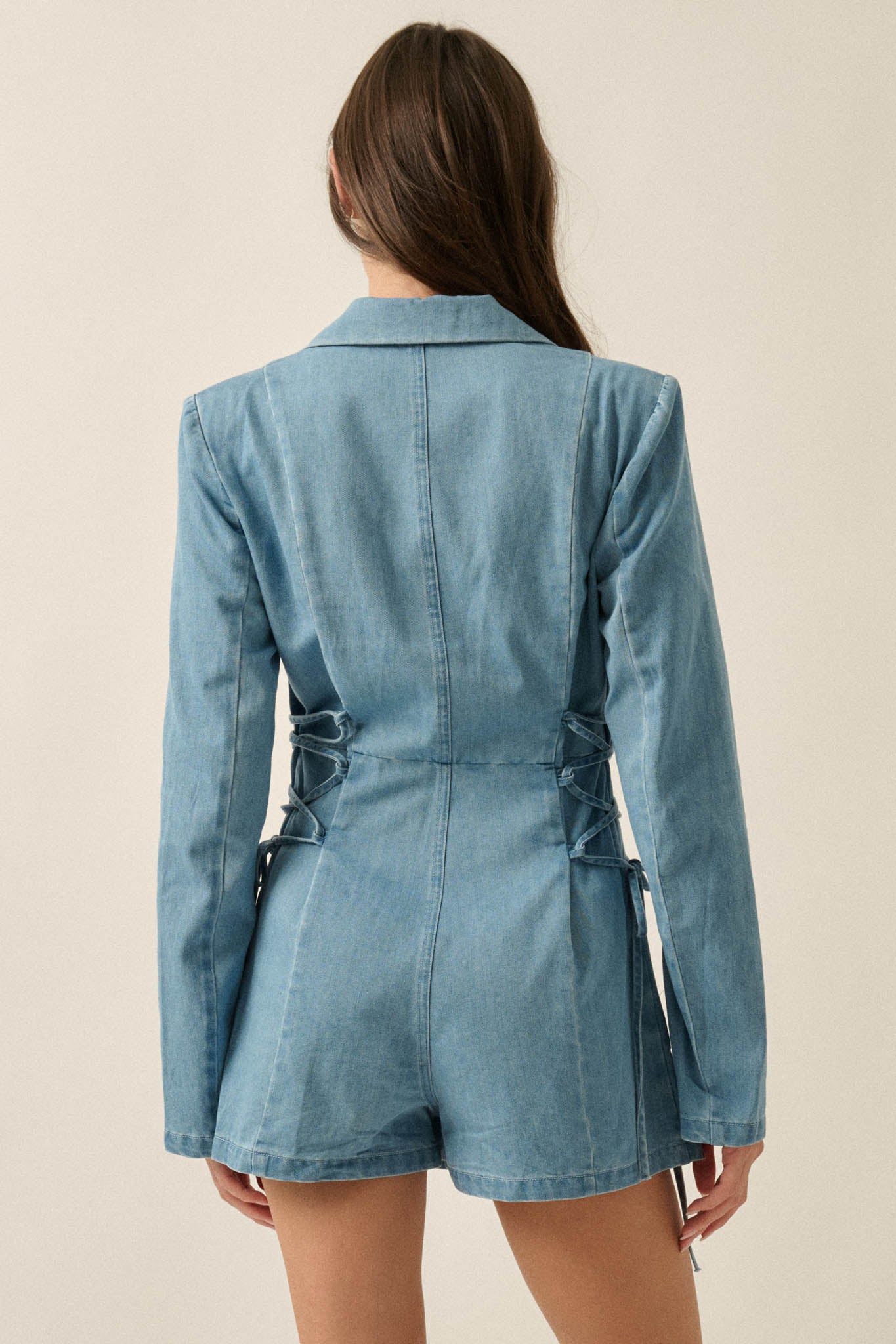 Blue Chip Denim Lace-Up Buttoned Blazer Romper - ShopPromesa
