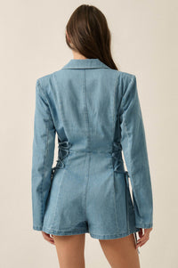 Blue Chip Denim Lace-Up Buttoned Blazer Romper - ShopPromesa