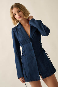 Blue Chip Denim Lace-Up Buttoned Blazer Romper - ShopPromesa