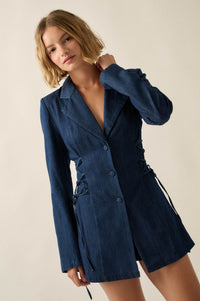 Blue Chip Denim Lace-Up Buttoned Blazer Romper - ShopPromesa