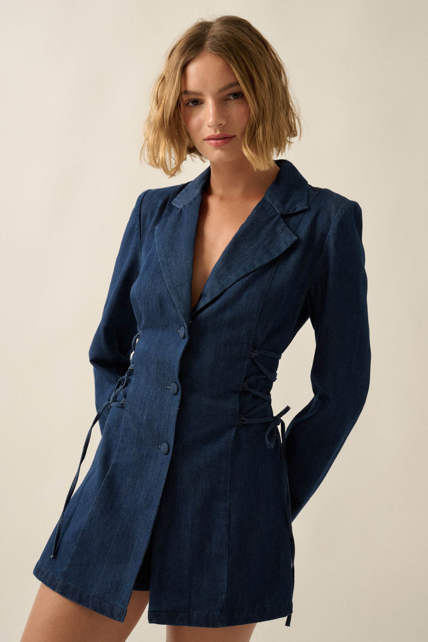 Blue Chip Denim Lace-Up Buttoned Blazer Romper - ShopPromesa